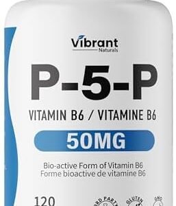 P5P Vitamin B6 Supplement 50mg, 120 Capsules (Pyridoxal-5-Phosphate) - Active Form of B6, Helps in Energy Metabolism, Third Party Tested, Gluten Free, Non-GMO, Made In Canada, by Vibrant Naturals