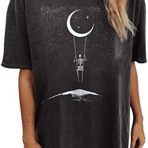 Summer Y2k Tops for Women, Casual Vintage Short Sleeve T-Shirt, Girls Oversize Loose Round Neck Elastic Black Tee