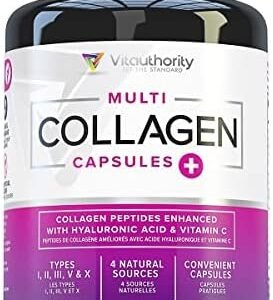 Multi Collagen Pills with Hyaluronic Acid & Vitamin C: 5 Type Hydrolyzed Collagen Protein Peptides, Types I II III V X, 30 Servings, 90 Capsules