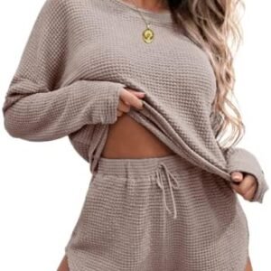 Ekouaer Womens Waffle Knit Pajama Sets Long Sleeve Top and Shorts Matching Lounge Set