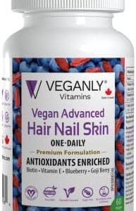 VEGANLY Vitamins - Vegan Advanced Hair Nail Skin One-Daily, 60 Veggie Capsules - Enriched Antioxidant Supplement - Improve Hair, Improve Skin Health and Nail Health - Plant Based with Biotin & Natural Superfood (NPN80085546)