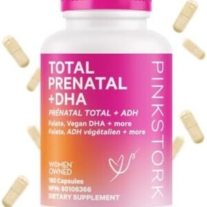 Pink Stork Total Prenatal Vitamin with DHA and Folic Acid: Vitamins with Folate, Iron, Biotin, Vitamin D, Vitamin C + Zinc, Fertility Supplements for Women, Women-Owned, 180 Vegetarian Capsules