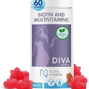 Nova Pharma DIVA Gummy Vitamins - Vegan, Gluten-Free Biotin Supplement, Soft Chewable Multivitamin Gummies, Maintains Strong Bones, Gives Radiant Skin and Strengthens Hair & Nails - 60 Gummies