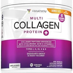 Multi Collagen Peptides Plus Hyaluronic Acid and Vitamin C, Hydrolyzed Collagen Protein, Types I, II, III, V and X Collagen, Unflavored, 80 Serving