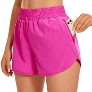 CRZ YOGA Women's High Waist Dolphin Running Shorts - 3'' Mesh Liner Quick Dry Athletic Gym Workout Shorts with Zipper Pocket