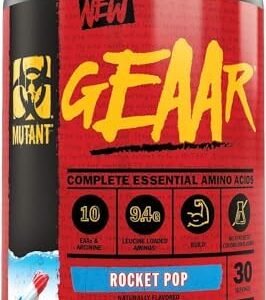 MUTANT GEAAR - 9.4g of EAA Powder + Arginine, 7g BCAAs, 4g Leucine, Electrolytes, Coconut Water, No Artificial Colours or Flavours, Delicious Taste - 30 servings - Rocket Pop - 378g