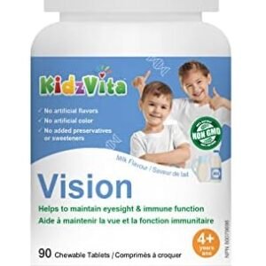 KidzVita - Vision Chewables for Children - Maintain Eyesight - Immune Function - Vitamin & Beta-Carotene for Eye Care - Help Development and Mainrtainance of Night Vision - Yummy Milk Flavour - No Artificial Flavours and Colours - For 4 to 18 Years Old - 90 Tablets
