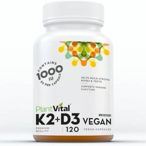 PlantVital High-Potency Vegan Vitamin D3 + K2 - (25 mcg + 120 mcg) for Bones, Teeth, Good Health, and Immune System - Patented MK7 Form - K2 D3 vitamin - 4 Months Supply - 120 Capsules.