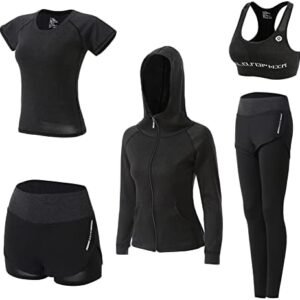 Nesyd Workout Sets for Women 5 Pieces Yoga Exercise Fitness Gym Outfits Running Athletic Clothes Tracksuits Activewear Set