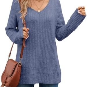 MISFAY Sweaters for Women Casual Long Sleeve V Neck Shirts Solid Color Tunic Tops for Leggings