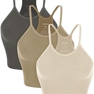 ODODOS Women's Crop 3-Pack Longline Seamless Camisole Rib-Knit Strappy Racerback Cropped Tops