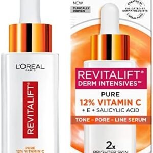 L'Oréal Paris 12% Pure Vitamin C Face Serum + Vitamin E + Salicylic Acid, 2x Brighter-Looking Skin, Minimizes Look of Pores, 2x Less Visible Pores - Revitalift Derm Intensives, For all Skin Tones, Skincare, 30mL