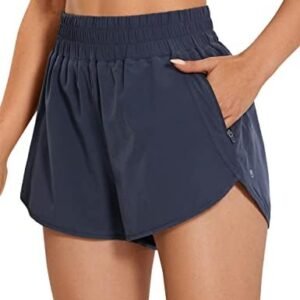 CRZ YOGA Women's High Waist Dolphin Running Shorts - 3'' Mesh Liner Quick Dry Athletic Gym Workout Shorts with Zipper Pocket
