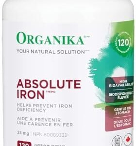 Organika Absolute Iron- Iron Bisglycinate- High Availability, Gentle on Stomach, Boost Iron Levels- Beneficial for Women and Vegetarians- 120vcaps