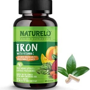 NATURELO Vegan Iron Supplement with Whole Food Vitamin C - Best Natural Iron Pills for Women & Men w/Iron Deficiency Including Pregnancy, Anemia and Vegan Diets - 90 Mini Capsules