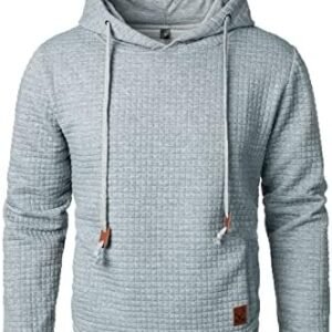 HOOD CREW Men’s Pure Color Casual Long Sleeved Plaid Hooded Pullover Sweatshirt