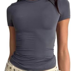 LACOZY Women's Basic Solid Crop Tops Short Sleeve Round Neck Shirt Workout Slim Fit T-Shirt Y2K