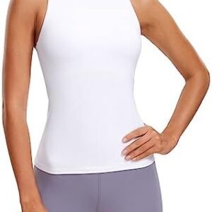 CRZ YOGA Butterluxe Womens Racerback Workout Tank Top with Built in Shelf Bra - Padded High Neck Yoga Athletic Camisole