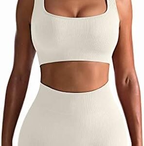 OQQ Workout Outfits for Women 2 Piece Seamless Ribbed High Waist Leggings with Sports Bra Exercise Set…, Beige, Medium