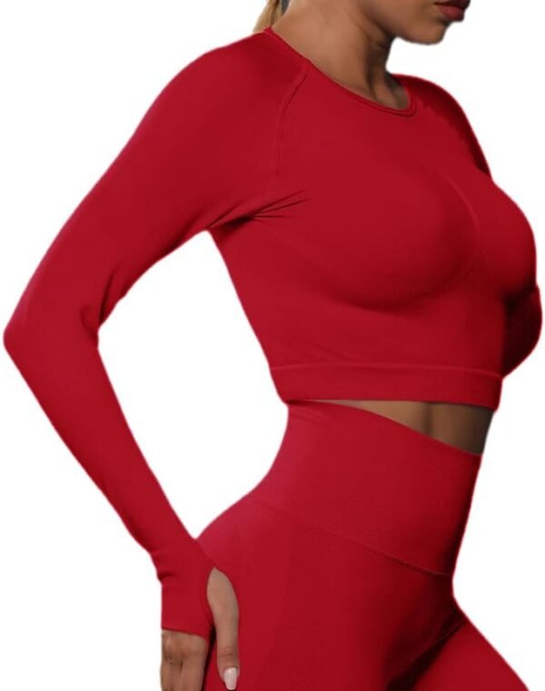 Workout Outfit for Women Two Piece Seamless Long Sleeve Crop Top & Yoga High Waisted Leggings Scrunch Butt Athletic Gym Set - Image 9