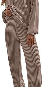 Knit Sweater Sets Women 2 Piece Outfits,Drawstring Hoddies Track Suit Set Long Sleeve Pullover Long Pant Suit