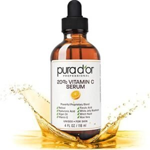 PURA D'OR (118 ml) 20% Vitamin C Serum Professional Strength Anti-Aging Skin Therapy with Argan Oil, Hyaluronic Acid & Vitamin E, Men & Women (Packaging may vary)