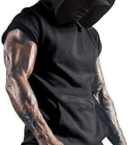 poriff Mens Tank Top with Hood Pocket Gym Hoodie Workout Sleeveless Muscle Shirt