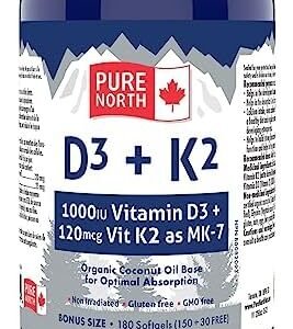PURE D3+K2 180 Softgels - D3K2 Vitamin D3 and K2 Supplements 180 Softgels - Vit D3 K2 MK7 Vitamin Supplement - D3 K2 Coconut Oil - D3(1000IU-25mcg)+K2(120mcg) - Organic Coconut Oil Base for Optimal Absorption - PURE NORTH NATURALS - 3rd Party Tested - Made in Canada