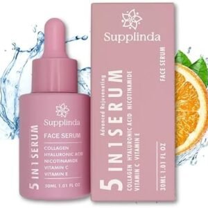 Ultimate Face Serum: 5 in 1 with Vitamin C, Hyaluronic Acid, Collagen, Nicotinamide, and Vitamin E. Tightens pores to improve the texture of skin, Improves Elasticity and diminishes the signs of aging