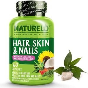 NATURELO Hair, Skin and Nails Vitamins - 5000 mcg Biotin, Natural Collagen, Organic Vitamin C - Supplement for Healthy Skin, Hair Growth for Women and Men – 60 Capsules