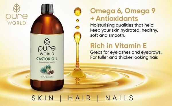 Pure World Natural Castor Oil 1 Litre (1000ml). Cold, First & Fresh Pressed 100% Pure and Undiluted Hexane Free For Eyebrows, Nails, Beard, Hair, Eyelash Growth Cruelty Free - Image 8