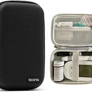 Hard Shell Diabetic Supplies Bag Carrying Case Organizer For Diabetes Testing Kit, Blood Glucose Monitor Kit with Meter, Blood Sugar Test Strips, Lancets, Lancing Device, Alcohol Wipe (A-Black, Small)