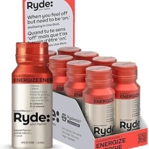 Ryde Energize Shot | Tropical Flavor | 8 pack of 60 ml shots | Vitamins B1 & B6 | Caffeine | Zero Calories, Zero Sugar and Vegan