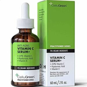 NEW! CelluGreen Vitamin C Serum For Face, Hyaluronic Acid + Vitamin E. Organic Face Care Facial Serum w Deep Hydration. Made in Canada. Vegan 60ml / 2oz