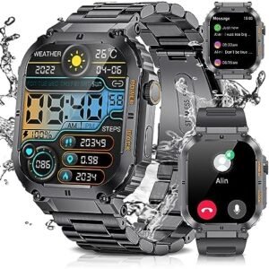 Military Smart Watches for Men(Answer/Dial Calls), 1.96'' HD Touchscreen,5ATM waterproo,100+ Sports Mode Fitness Tracker with Heart Rate /SpO2/Sleep Monitor/Blood Pressure,400mah Sports Watch Black