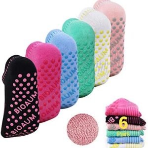 BIOAUM Yoga Socks for Women - 6 Pairs Cotton Cushion Non Slip Grip Slipper Pilates Hospital Socks