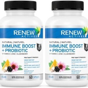 Renew Actives Wellness Support Supplement: Elderberry & Zinc Probiotic with Zinc, Vitamin C, and Turmeric - Antioxidant Vitamins to Boost Wellness - 60 Vegan Capsules (2 Packs). No Fillers, Binders or GMO's. Easy to Swallow Capsules!