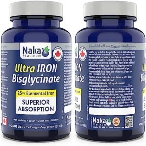 Naka Platinum Ultra Iron Bisglycinate 25 mg Elemental Iron superior absorption Bonus Size 120 Capsules (100+20 Free)