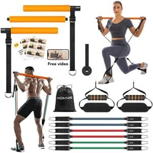 Hommie Portable Pilates Bar Kit with Resistance Bands for Men and Women，Upgraded 3 Section Pilates Bar with Resistance Bands (20/40/60lb) for Home Gym Equipment Supports Full-Body Workouts
