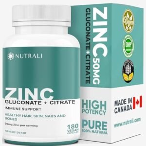 Nutrali HIGH POTENCY Zinc Gluconate & Zinc Citrate Chelated – 50mg per serving Zinc Supplements, Supports Hair, Skin & Nail Health, Immune Booster for Adults, Growth and Development and Brain Function. Non-GMO, Vegan, Gluten Free. 180 Easy to Swallow Capsules.