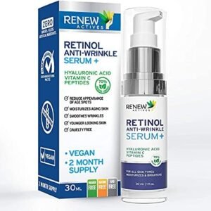 Renew Actives Retinol Serum for Face: Pure 1% Retinol Serum with Hyaluronic Acid, Vitamin C, Peptides - Facial Serum - 70% Organic Skin Care Products - 30mL / 1 Fl Oz. Airless Metered Pump. Made in Canada!
