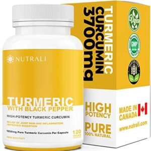 Nutrali HIGH POTENCY TURMERIC CURCUMIN + BLACK PEPPER EXTRACT – Powerful 3700mg per Serving (2 capsules), Source of Anti-Inflammatory and Antioxidants. Joint Pain Relief, Improved Liver Function. Non-GMO, Vegan, Gluten Free. Zero Additives, Easy to Swallow Capsules.