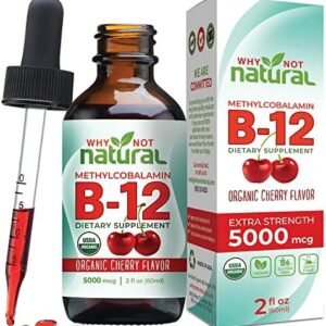 Organic Vitamin B12 Liquid - Sublingual Extra Strength 60 x 5000 mcg Drops, Methylcobalamin, Natural Cherry Flavor, Vegan, Maximize Absorption and Energy