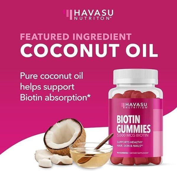 Biotin Gummies | 5000mcg | Ultimate Hair, Skin, & Nails Support for Women | Beauty Supplement for Faster Hair Growth | Strawberry Flavored Gummies with Coconut Oil | Gluten-Free, Vegetarian | 90 Ct. - Image 7