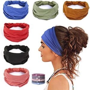 GILI 6 Pack Wide Headbands for Women Non Slip Soft Elastic Hair Bands Yoga Running Sports Workout Gym Head Wraps, Knotted Cotton Cloth African Turbans Bandana (with 6 Pcs Hair Ties)