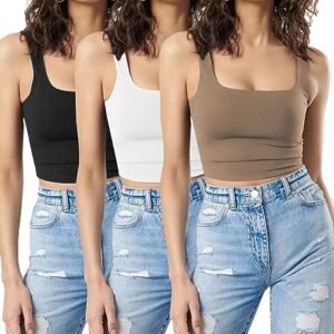 SUNDELL 3 Pack Crop Tank Tops for Women Casual Sleeveless Crop Tops Double Layer Cropped Yoga Workout Tops