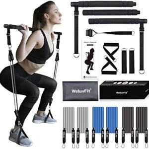 Pilates Bar Kit with Resistance Bands, WeluvFit Portable Exercise Fitness Equipment for Women & Men, Home Gym Workout 3-Section Stick Squat Yoga Pilates Flexbands Kit for Full Body Shaping
