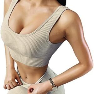 Exercise Outfits for Women 2 Pieces Ribbed Seamless Yoga Outfits Sports Bra and Leggings Set Tracksuits 2 Piece