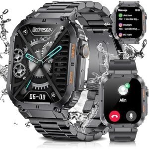 LIGE Military Smart Watch for Men with Bluetooth Call, 1.96'' HD Fitness Tracker with Heart Rate Sleep Monitor/Message Reminder, IP67 Waterproof 400mAh Battery Outdoor Sport Smartwatch for Android iOS