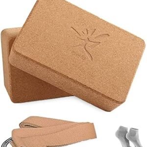 Risefit Sturdy Cork Yoga Blocks Pack of 2 and Yoga Straps Set, Firm Heavy Yoga Blocks Cork Pilates Exercise Grip Blocks Odor-Free Moisture-Proof Yoga Nice Aid Accessories Bolster Gym Home Workout
